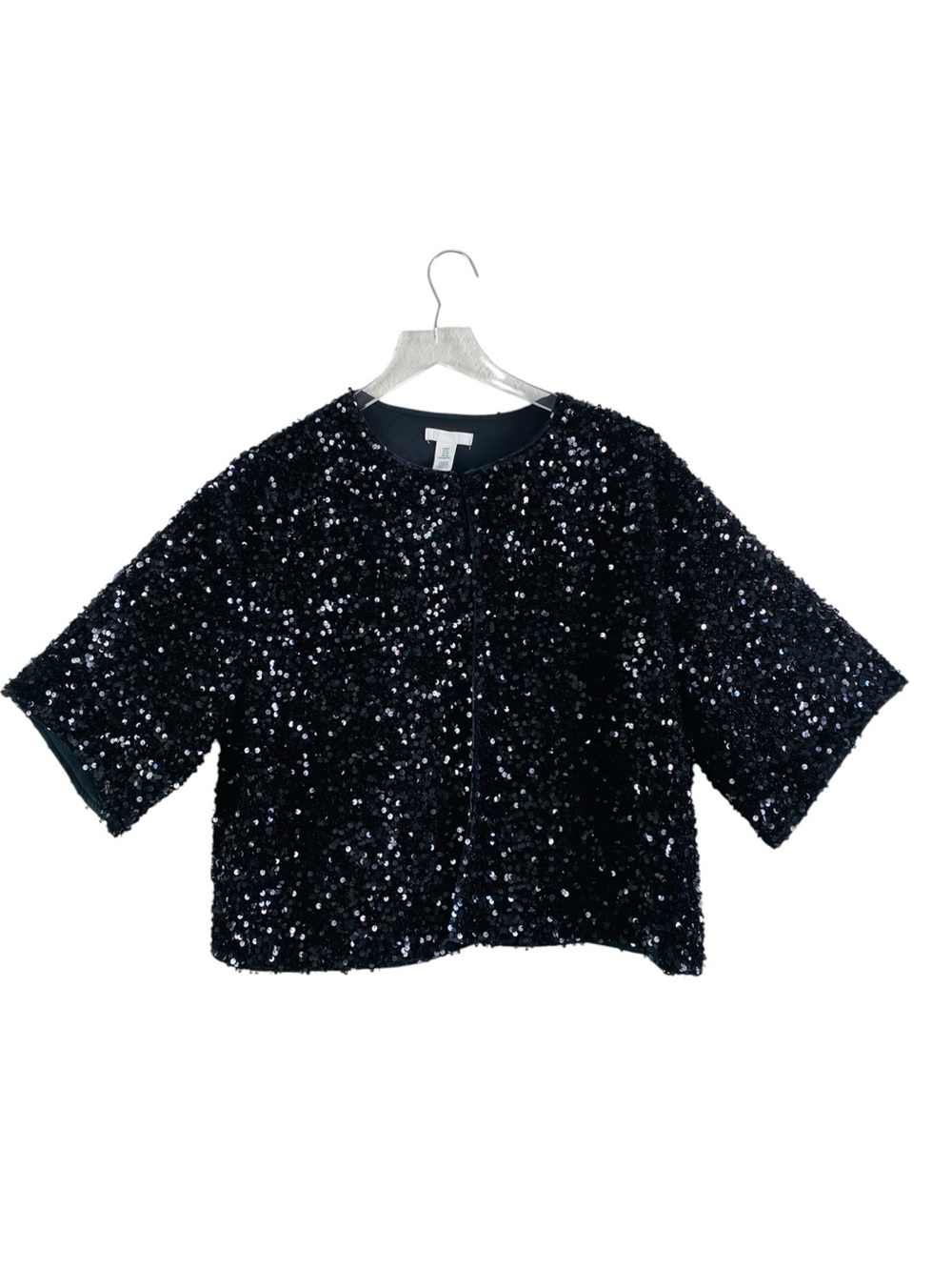 H&M Black Sequin Velour Short Sleeve Cropped Cardigan Size XL - Picture 3 of 8